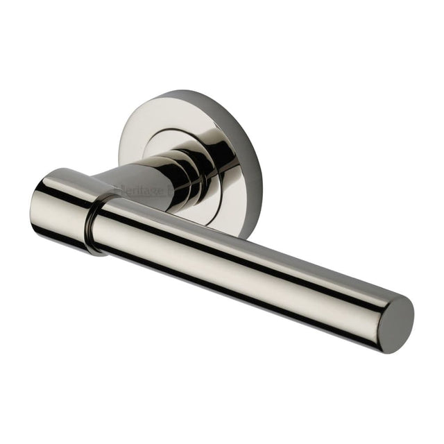 Heritage Brass Door Furniture Polished Nickel / Round Rose Heritage Brass - Door Handle Lever on Rose Phoenix Design Polished Nickel Finish