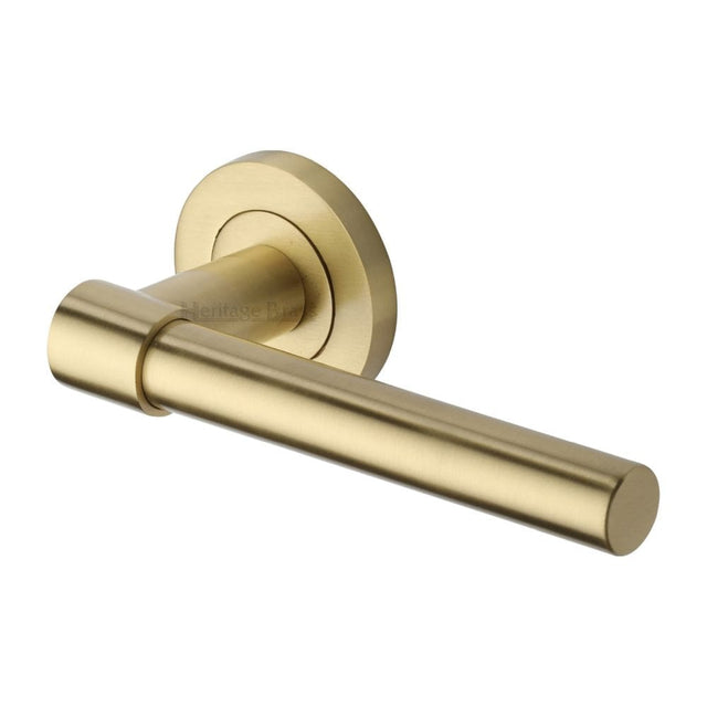 Heritage Brass Door Furniture Satin Brass / Round Rose Heritage Brass - Door Handle Lever on Rose Phoenix Design Satin Brass Finish