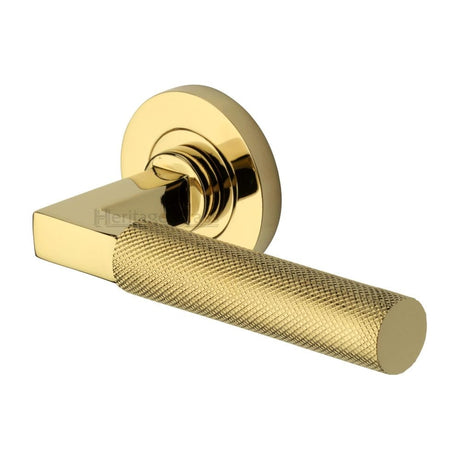 Heritage Brass Door Furniture Polished Brass / Round Rose Heritage Brass - Door Handle Lever on Rose Signac (Knurled Bauhaus) Design Polished