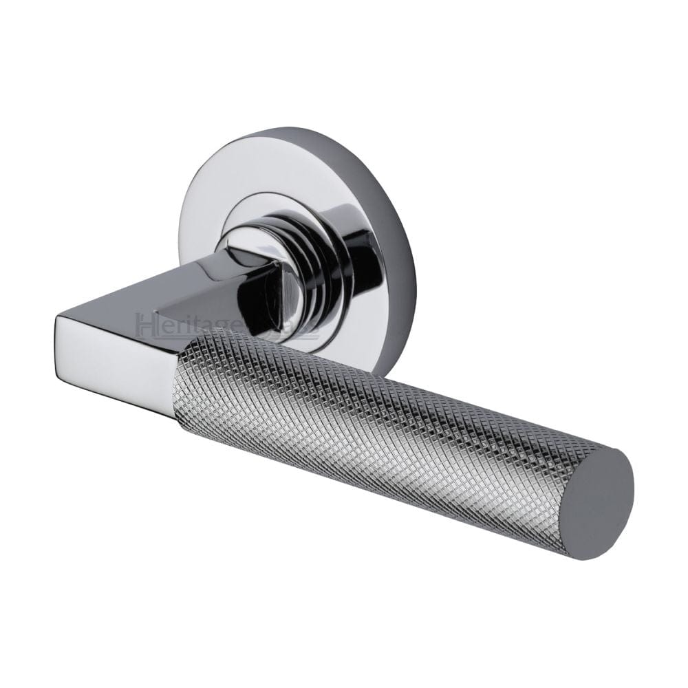Heritage Brass Door Furniture Polished Chrome / Round Rose Heritage Brass - Door Handle Lever on Rose Signac (Knurled Bauhaus) Design Polished