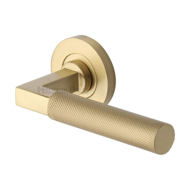 Heritage Brass Door Furniture Satin Brass / Round Rose Heritage Brass - Door Handle Lever on Rose Signac (Knurled Bauhaus) Design Satin