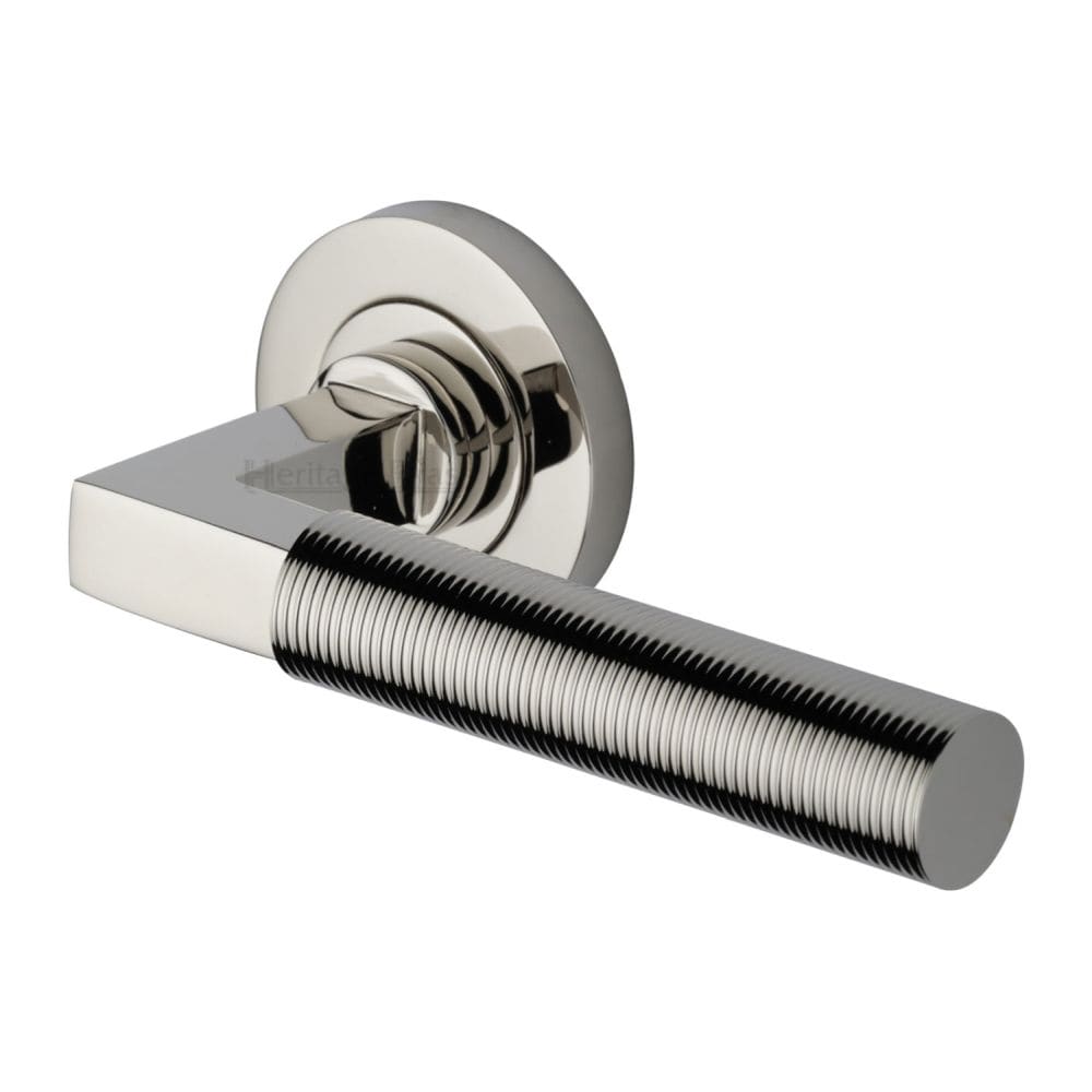 Heritage Brass Door Furniture Polished Nickel / Round Rose Heritage Brass - Door Handle Lever on Rose Spectral Design Polished Nickel Finish