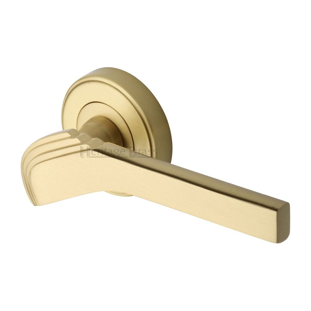 Heritage Brass Door Furniture Satin Brass / Round Rose Heritage Brass - Door Handle Lever on Rose Tiffany Design Satin Brass Finish