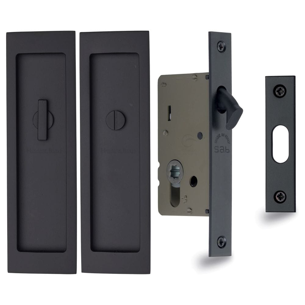 Heritage Brass Locks & Latches Matt Black / Sliding Door Locks / Rectangular Heritage Brass - Flush Pull Privacy Set 197mm Matt Black Finish
