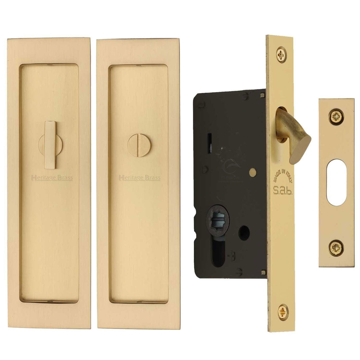 Heritage Brass Door Furniture Satin Brass / Sliding Door Locks / Rectangular Heritage Brass - Flush Pull Privacy Set 197mm Satin Brass finish