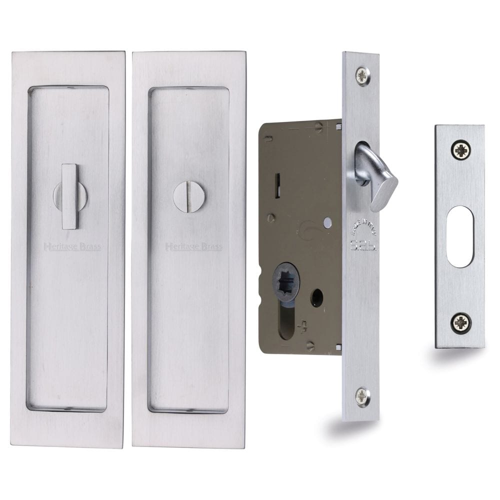 Heritage Brass Locks & Latches Satin Chrome / Sliding Door Locks / Rectangular Heritage Brass - Flush Pull Privacy Set 197mm Satin Chrome Finish