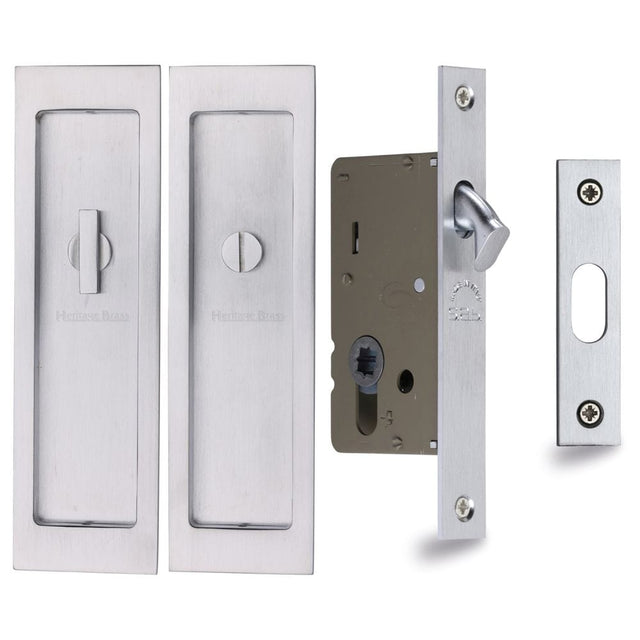 Heritage Brass Locks & Latches Satin Chrome / Sliding Door Locks / Rectangular Heritage Brass - Flush Pull Privacy Set 197mm Satin Chrome Finish