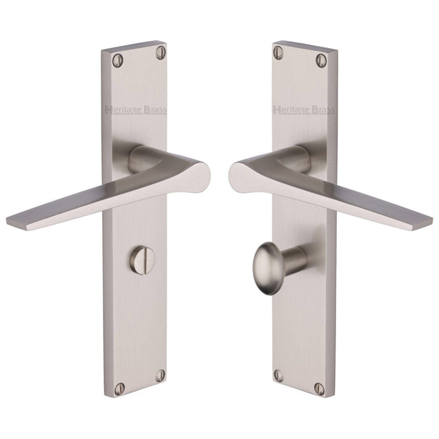 Heritage Brass Door Furniture Satin Nickel / Bathroom Lock Handles Heritage Brass - Gio Bathroom Set Door Handle on 200mm Plate Satin Nickel finish
