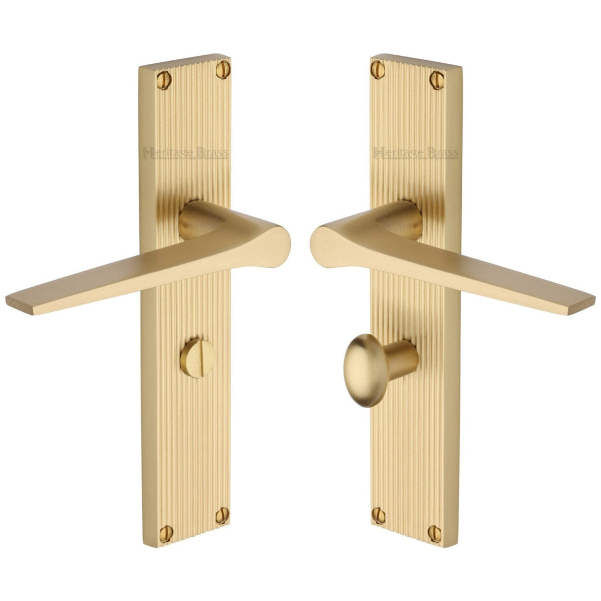 Heritage Brass Door Furniture Satin Brass / Bathroom Lock Handles Heritage Brass - Gio Reeded Bathroom set Satin Brass finish