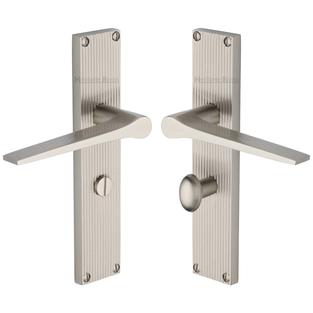 Heritage Brass Door Furniture Satin Nickel / Bathroom Lock Handles Heritage Brass - Gio Reeded Bathroom set Satin Nickel finish