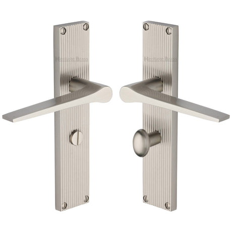 Heritage Brass Door Furniture Satin Nickel / Bathroom Lock Handles Heritage Brass - Gio Reeded Bathroom set Satin Nickel finish