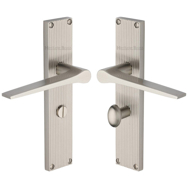Heritage Brass Door Furniture Satin Nickel / Bathroom Lock Handles Heritage Brass - Gio Reeded Bathroom set Satin Nickel finish