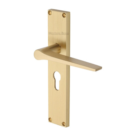 Heritage Brass Door Furniture Satin Brass / Euro Profile Lock Handles Heritage Brass - Gio Reeded Euro Profile Satin Brass finish
