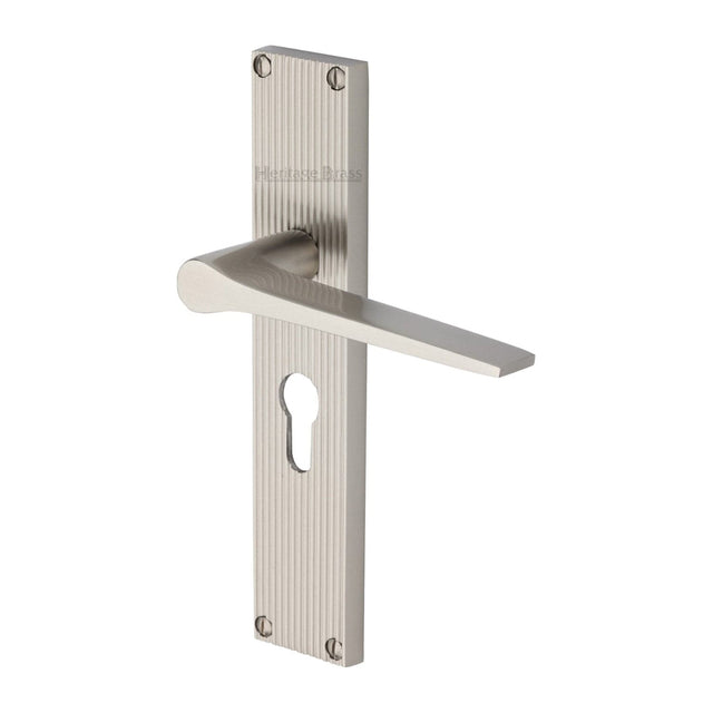 Heritage Brass Door Furniture Satin Nickel / Euro Profile Lock Handles Heritage Brass - Gio Reeded Euro Profile Satin Nickel finish