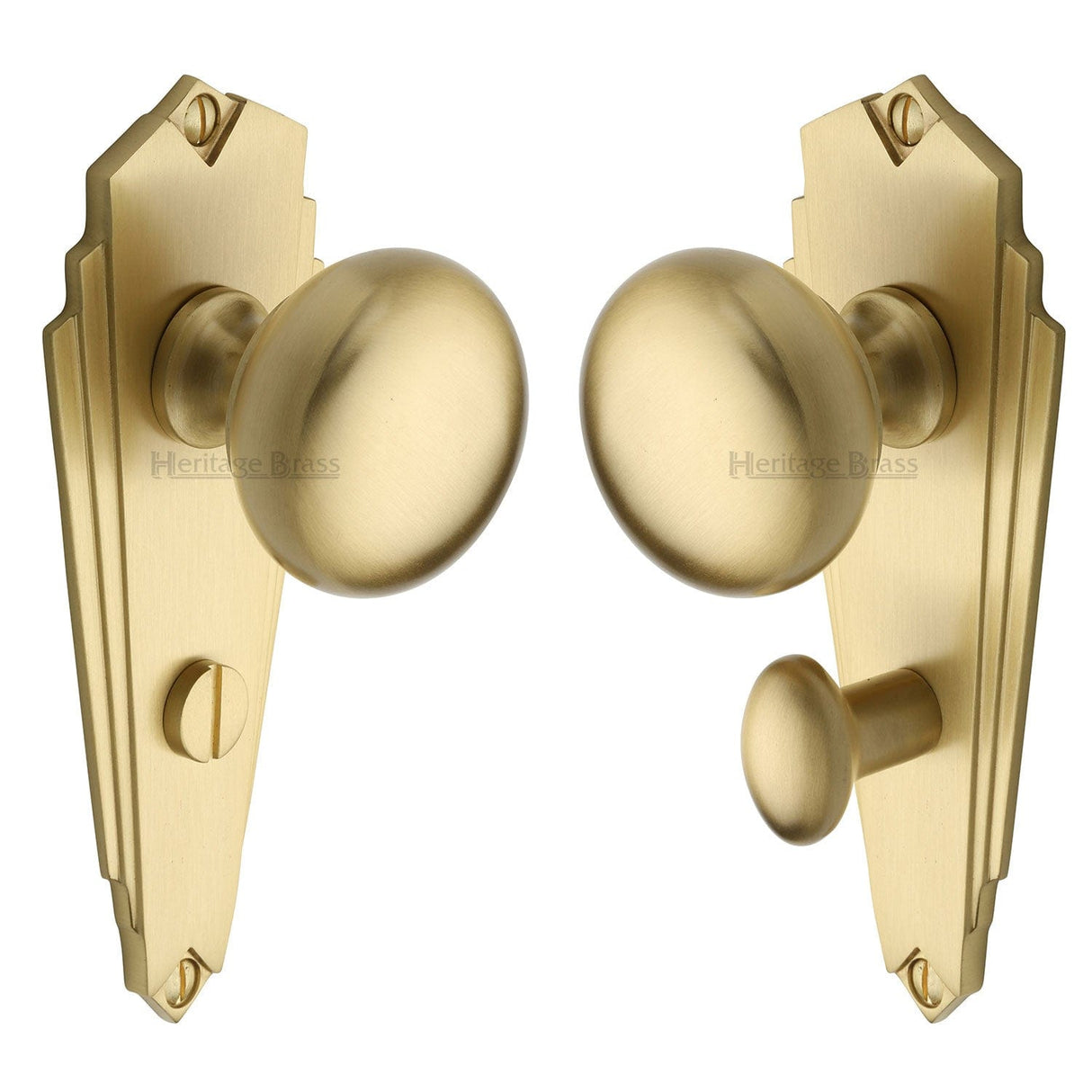 Heritage Brass Door Furniture Satin Brass / Bathroom Lock Handles Heritage Brass - Mortice Knob on Bathroom Plate Broadway Design Satin Brass finish