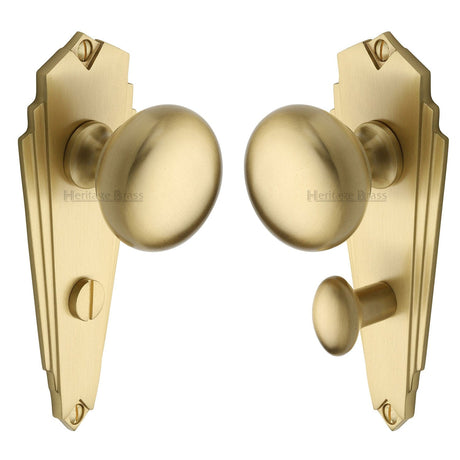 Heritage Brass Door Furniture Satin Brass / Bathroom Lock Handles Heritage Brass - Mortice Knob on Bathroom Plate Broadway Design Satin Brass finish