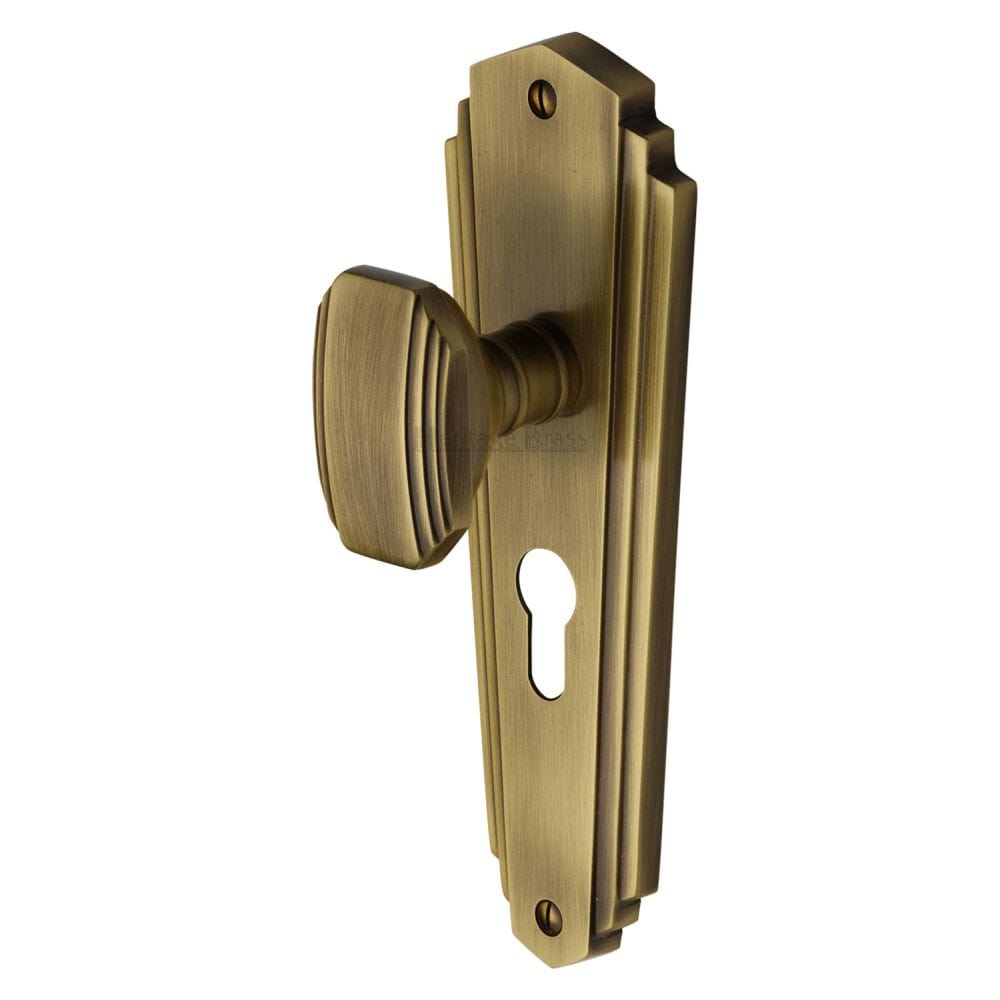 Heritage Brass Door Furniture Antique Brass / Euro Profile Lock Mortice Knobs Heritage Brass - Mortice Knob on Euro Profile Plate Charlston Design Antique Brass