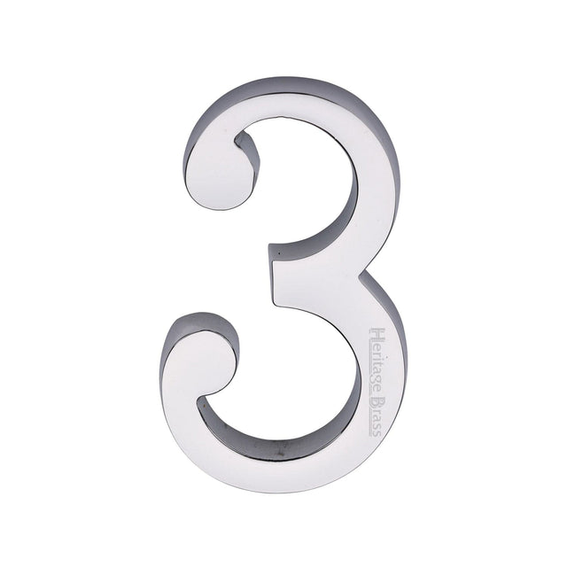 Heritage Brass Door Furniture Polished Chrome / Numerals / 3 Heritage Brass - Numeral 3 Concealed Fix 76mm (3") Polished Chrome finish