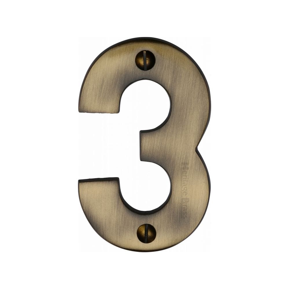 Heritage Brass Door Furniture Antique Brass / Numerals / 3 Heritage Brass - Numeral 3 Face Fix 76mm (3") Antique Brass Finish