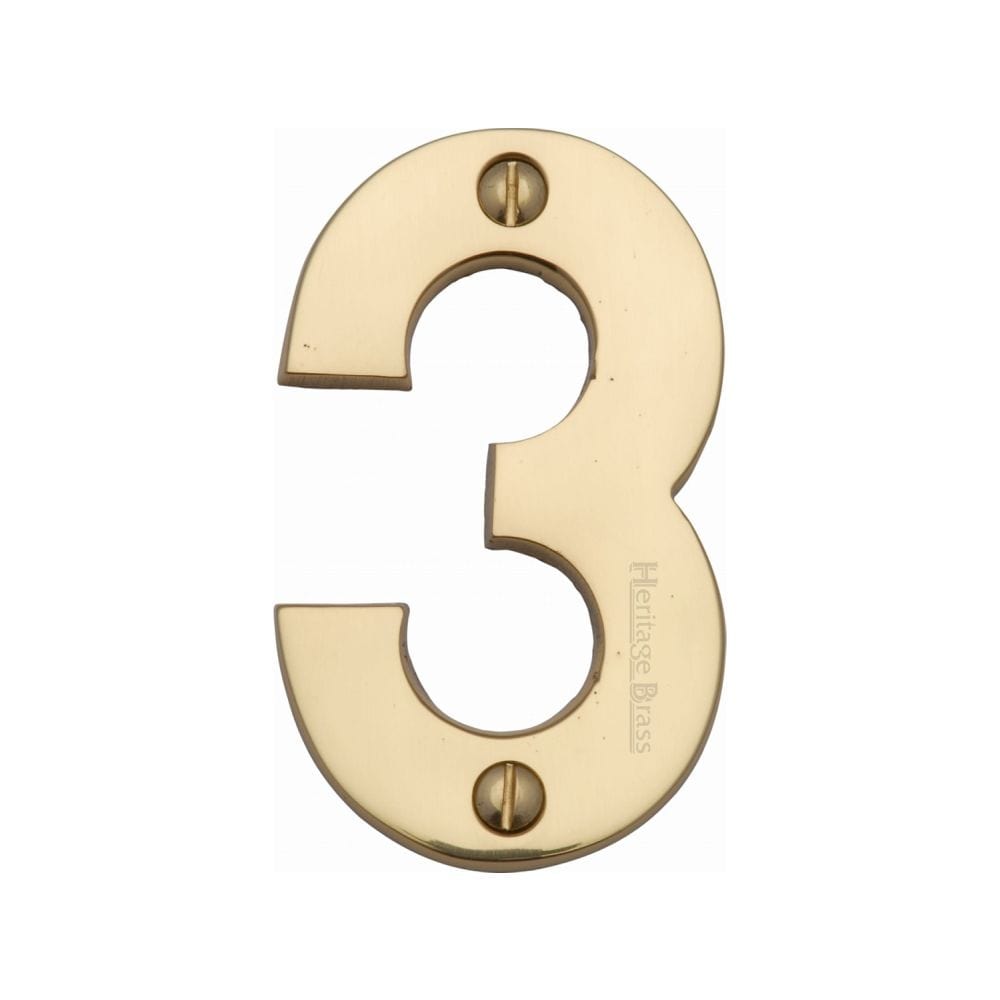 Heritage Brass Door Furniture Polished Brass / Numerals / 3 Heritage Brass - Numeral 3 Face Fix 76mm (3") Polished Brass Finish