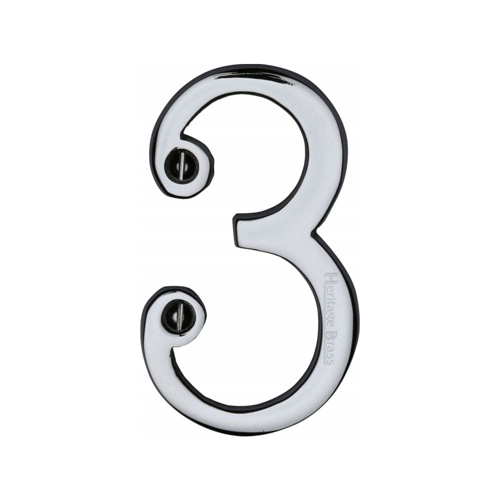 Heritage Brass Door Furniture Polished Chrome / Numerals / 3 Heritage Brass - Numeral 3 Face Fix 76mm (3") Polished Chrome Finish
