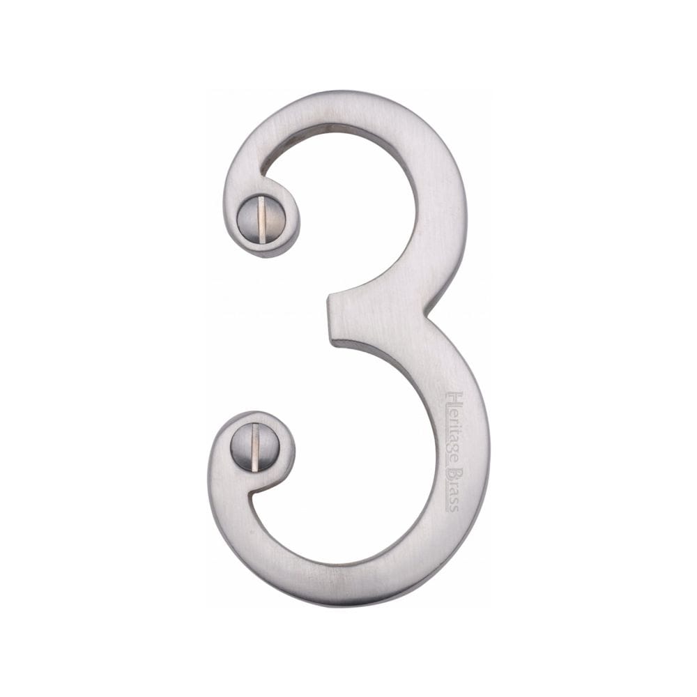Heritage Brass Door Furniture Satin Chrome / Numerals / 3 Heritage Brass - Numeral 3 Face Fix 76mm (3") Satin Chrome Finish