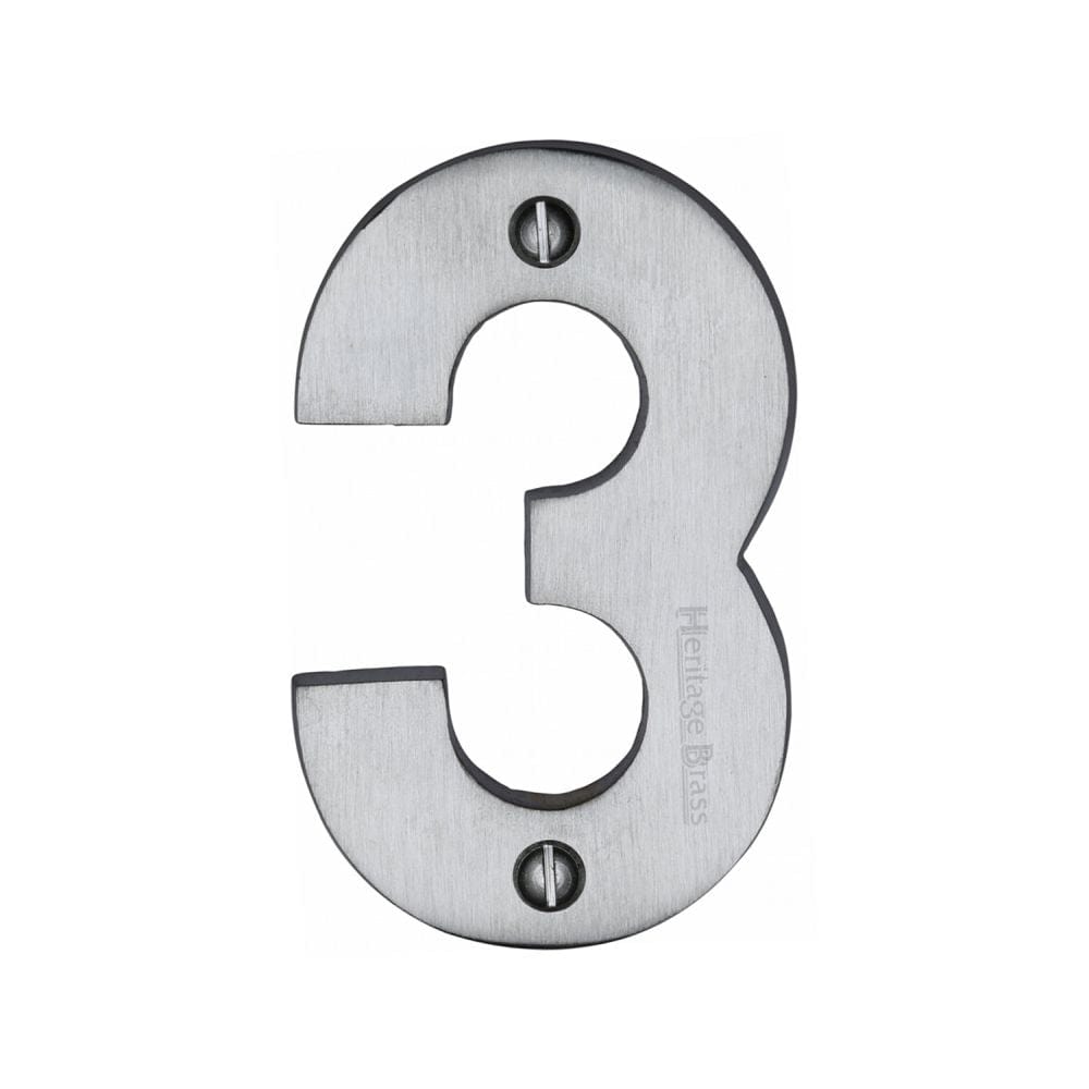 Heritage Brass Door Furniture Satin Chrome / Numerals / 3 Heritage Brass - Numeral 3 Face Fix 76mm (3") Satin Chrome Finish