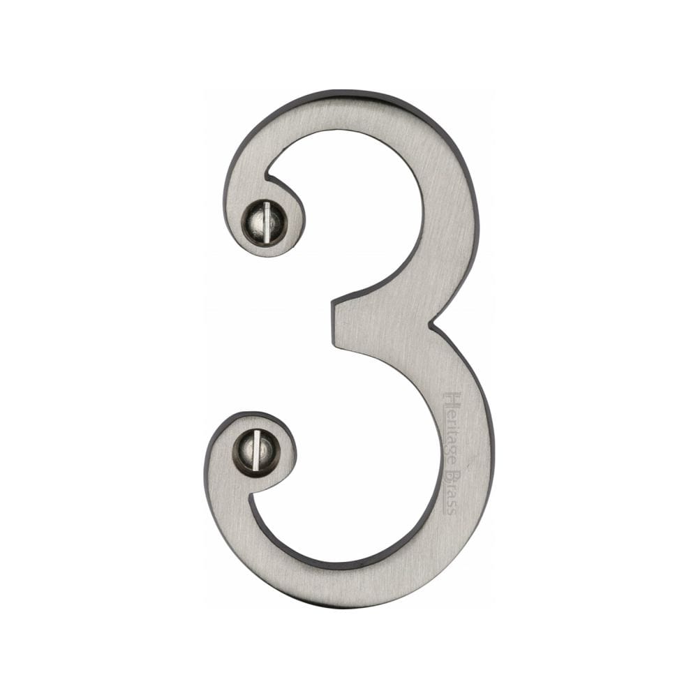 Heritage Brass Door Furniture Satin Nickel / Numerals / 3 Heritage Brass - Numeral 3 Face Fix 76mm (3") Satin Nickel Finish