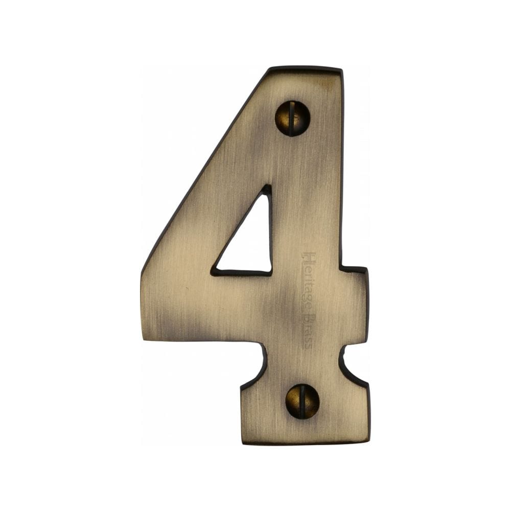 Heritage Brass Door Furniture Antique Brass / Numerals / 4 Heritage Brass - Numeral 4 Face Fix 76mm (3") Antique Brass Finish