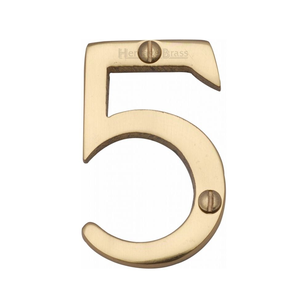 Heritage Brass Door Furniture Polished Brass / Numerals / 5 Heritage Brass - Numeral 5 Face Fix 51mm (2") Polished Brass Finish