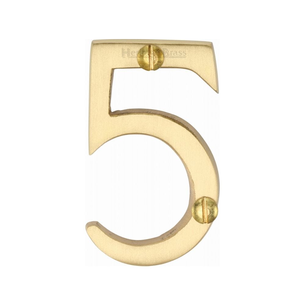 Heritage Brass Door Furniture Satin Brass / Numerals / 5 Heritage Brass - Numeral 5 Face Fix 51mm (2") Satin Brass Finish