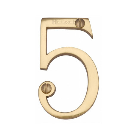Heritage Brass Door Furniture Polished Brass / Numerals / 5 Heritage Brass - Numeral 5 Face Fix 76mm (3") Polished Brass Finish