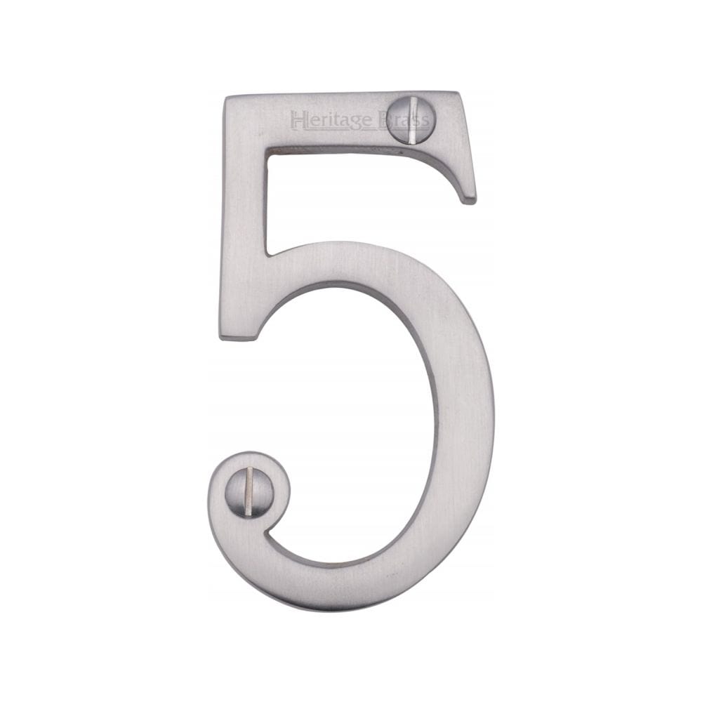 Heritage Brass Door Furniture Satin Chrome / Numerals / 5 Heritage Brass - Numeral 5 Face Fix 76mm (3") Satin Chrome Finish