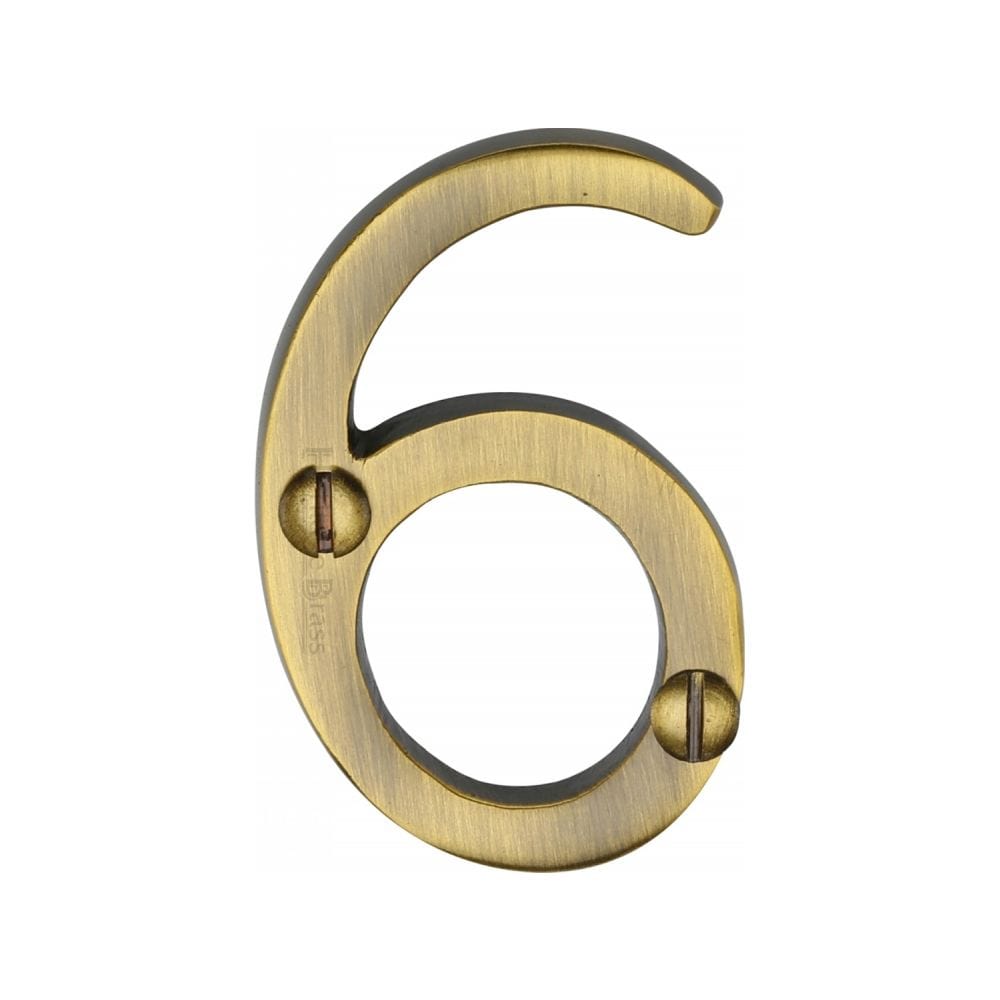 Heritage Brass Door Furniture Antique Brass / Numerals / 6 Heritage Brass - Numeral 6 Face Fix 51mm (2") Antique Brass Finish