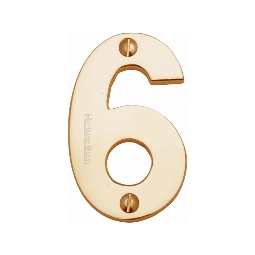 Heritage Brass Door Furniture Polished Brass / Numerals / 6 Heritage Brass - Numeral 6 Face Fix 76mm (3") Polished Brass Finish
