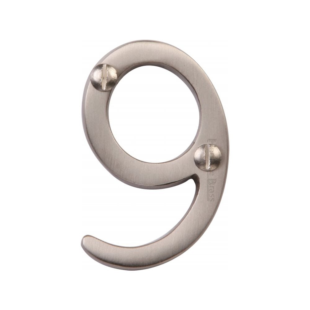 Heritage Brass Door Furniture Satin Nickel / Numerals / 9 Heritage Brass - Numeral 9 Face Fix 51mm (2") Satin Nickel Finish