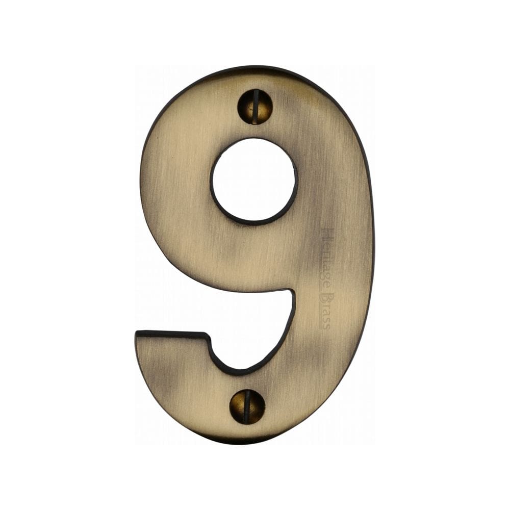 Heritage Brass Door Furniture Antique Brass / Numerals / 9 Heritage Brass - Numeral 9 Face Fix 76mm (3") Antique Brass Finish