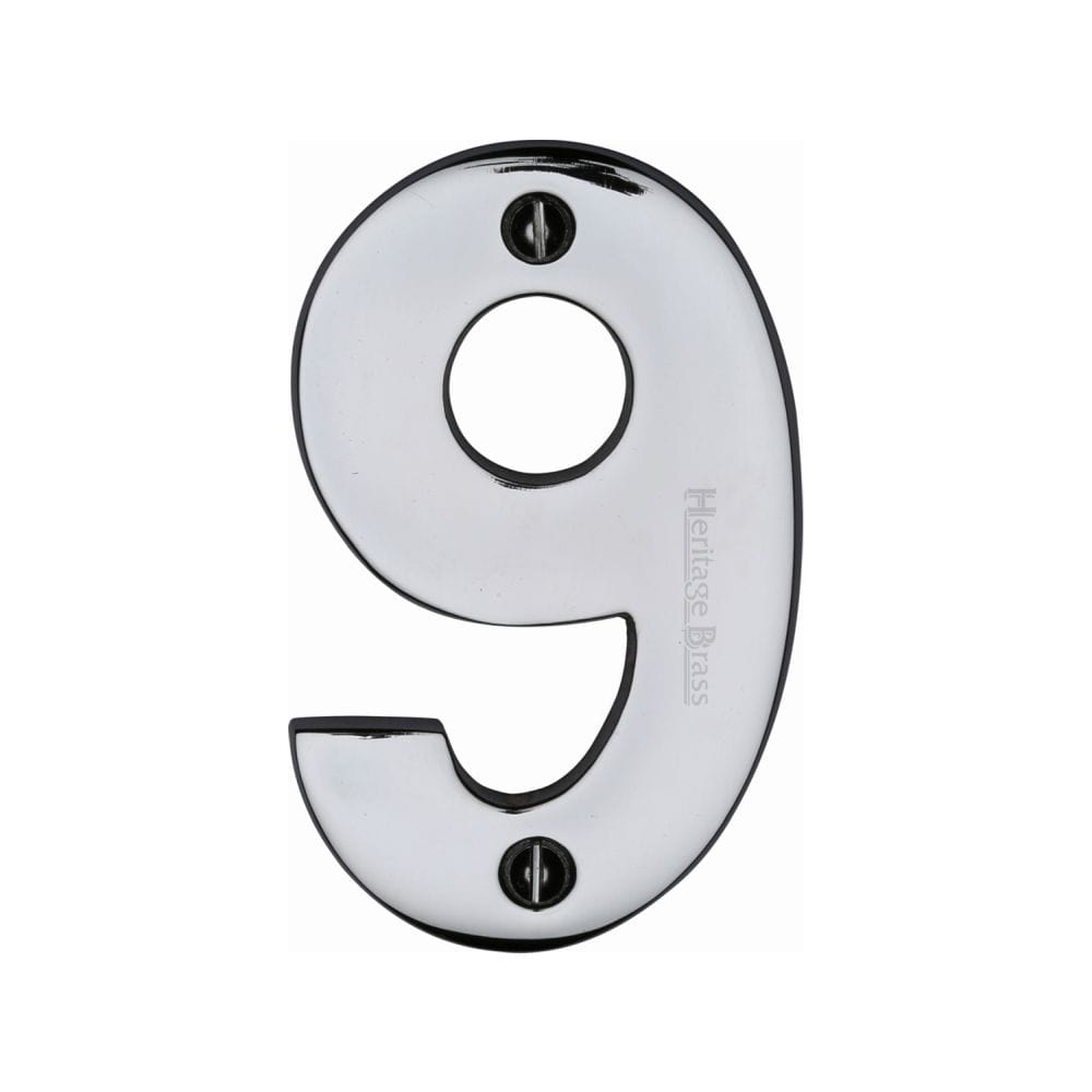 Heritage Brass Door Furniture Polished Chrome / Numerals / 9 Heritage Brass - Numeral 9 Face Fix 76mm (3") Polished Chrome Finish