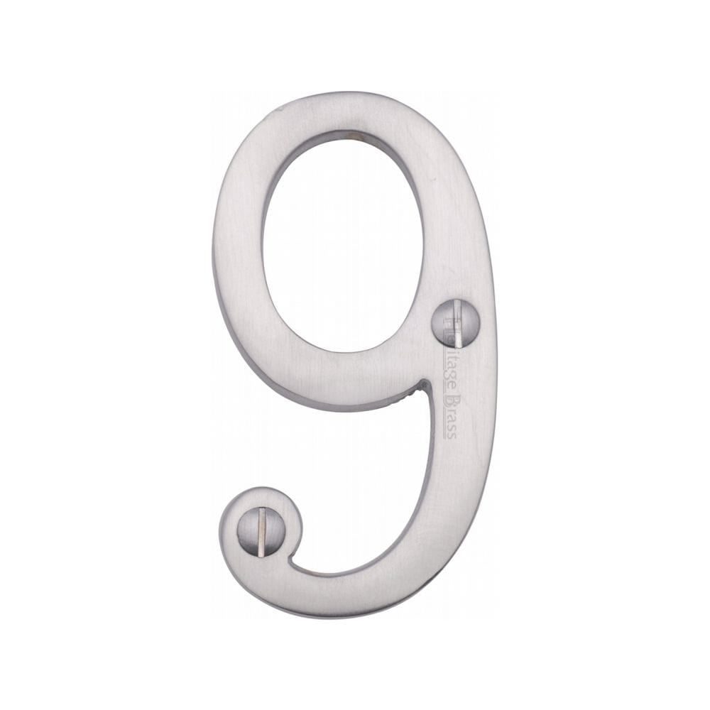 Heritage Brass Door Furniture Satin Chrome / Numerals / 9 Heritage Brass - Numeral 9 Face Fix 76mm (3") Satin Chrome Finish