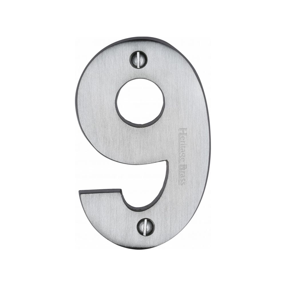 Heritage Brass Door Furniture Satin Chrome / Numerals / 9 Heritage Brass - Numeral 9 Face Fix 76mm (3") Satin Chrome Finish