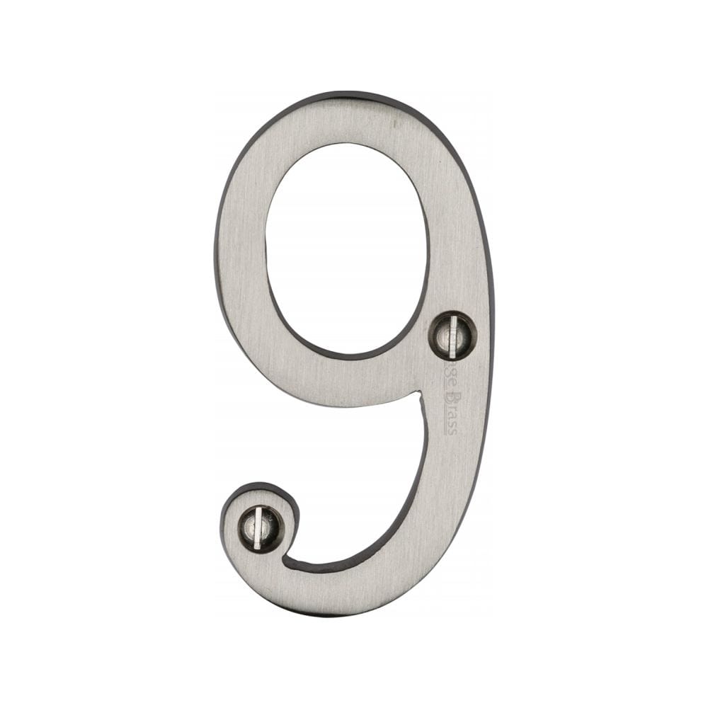 Heritage Brass Door Furniture Satin Nickel / Numerals / 9 Heritage Brass - Numeral 9 Face Fix 76mm (3") Satin Nickel Finish