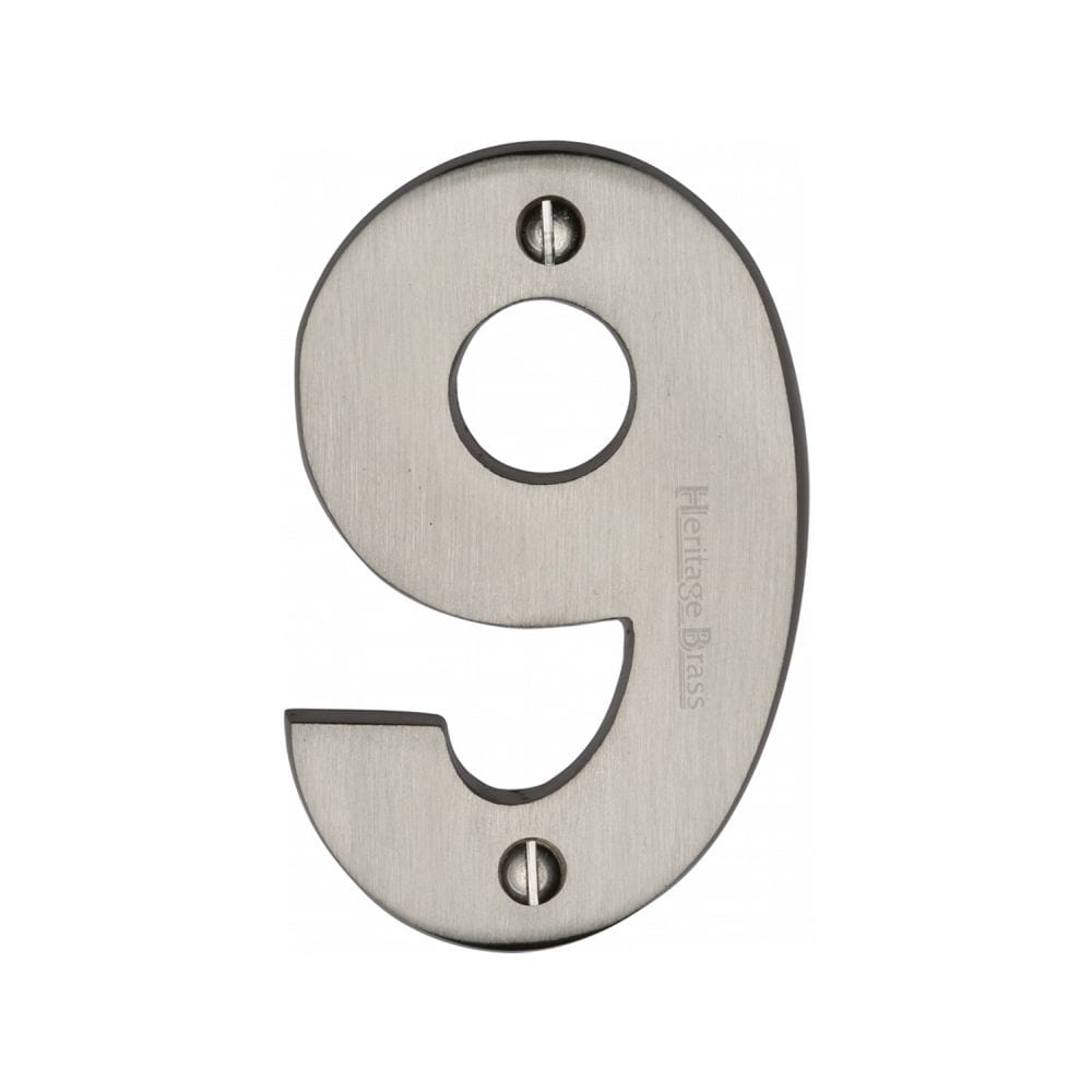 Heritage Brass Door Furniture Satin Nickel / Numerals / 9 Heritage Brass - Numeral 9 Face Fix 76mm (3") Satin Nickel Finish