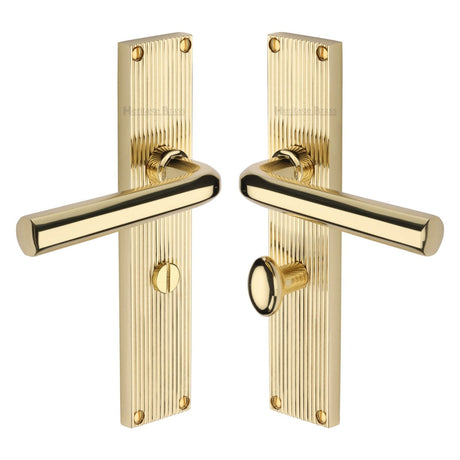 Heritage Brass Door Furniture Polished Brass / Bathroom Lock Handles Heritage Brass - Octave Reeded Bathroom Set Polished Brass finish