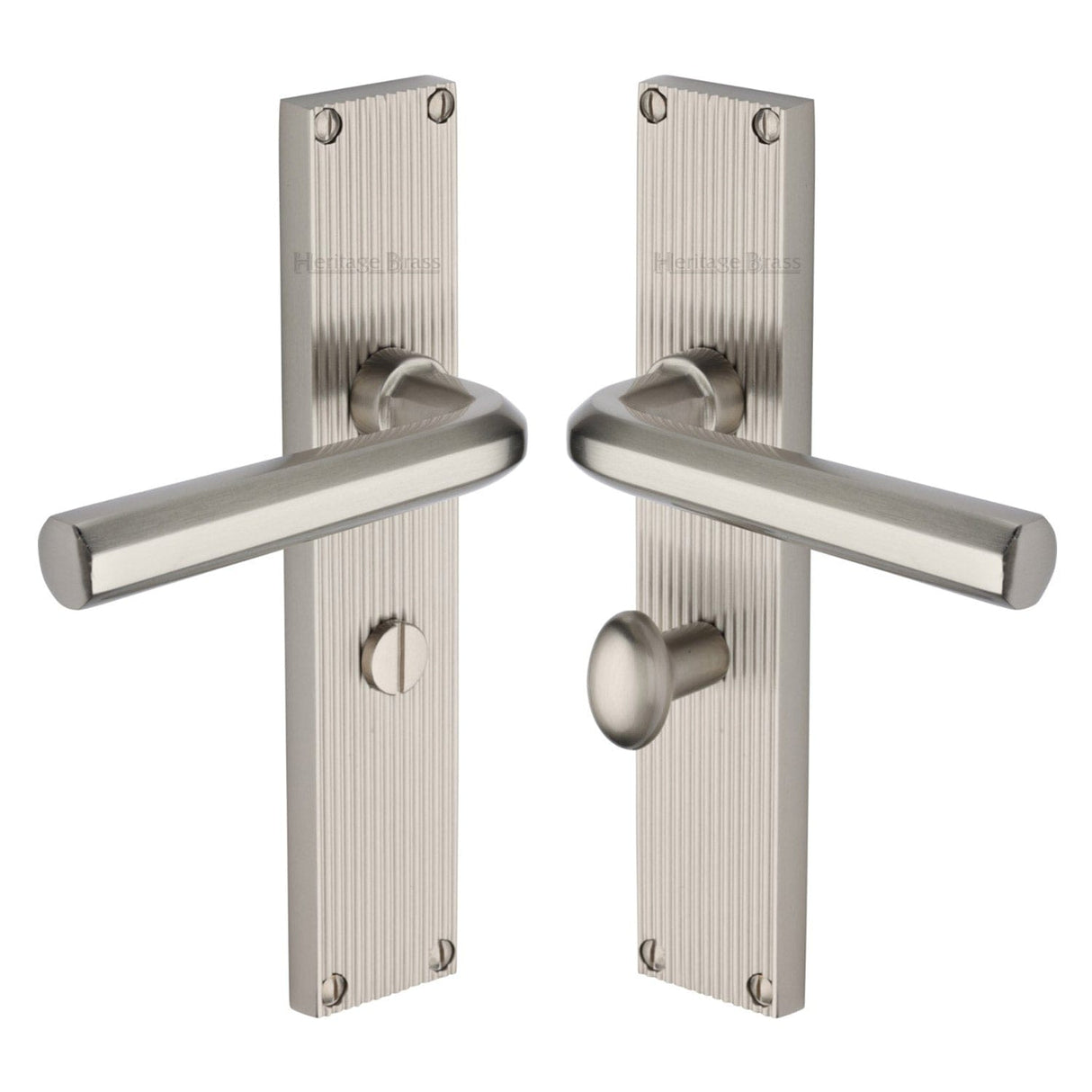 Heritage Brass Door Furniture Satin Nickel / Bathroom Lock Handles Heritage Brass - Octave Reeded Bathroom Set Satin Nickel finish