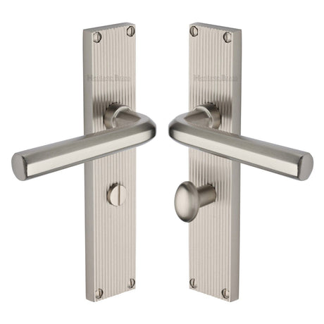 Heritage Brass Door Furniture Satin Nickel / Bathroom Lock Handles Heritage Brass - Octave Reeded Bathroom Set Satin Nickel finish
