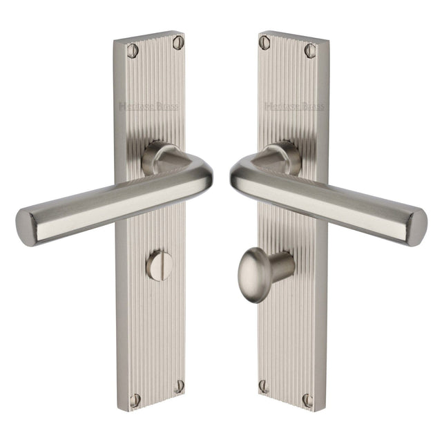 Heritage Brass Door Furniture Satin Nickel / Bathroom Lock Handles Heritage Brass - Octave Reeded Bathroom Set Satin Nickel finish