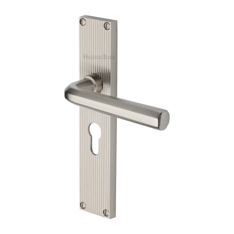 Heritage Brass Door Furniture Satin Nickel / Euro Profile Lock Handles Heritage Brass - Octave Reeded Europrofile Satin Nickel finish