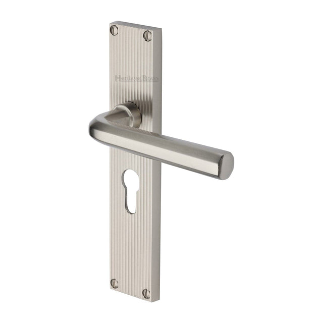 Heritage Brass Door Furniture Satin Nickel / Euro Profile Lock Handles Heritage Brass - Octave Reeded Europrofile Satin Nickel finish