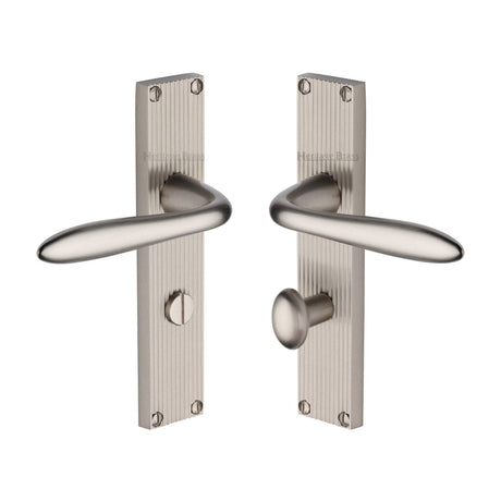 Heritage Brass Door Furniture Satin Nickel / Bathroom Lock Handles Heritage Brass - Sutton Reeded Bathroom set Satin Nickel finish