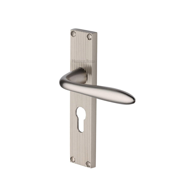 Heritage Brass Door Furniture Satin Nickel / Euro Profile Lock Handles Heritage Brass - Sutton Reeded Euro Profile Satin Nickel finish